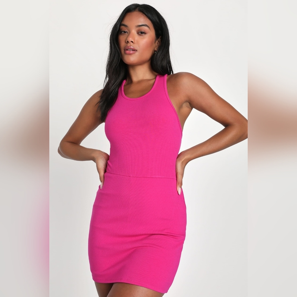 Lulus - Playfully Perfect Fuchsia Ribbed Cross Back Skort Romper